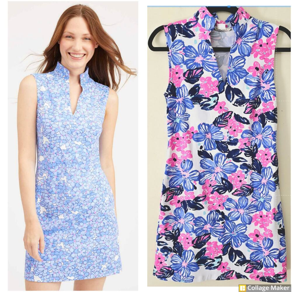 Mahi Gold Schooner Dress Spring Fling Floral Print Blue Pink Women's Size XS